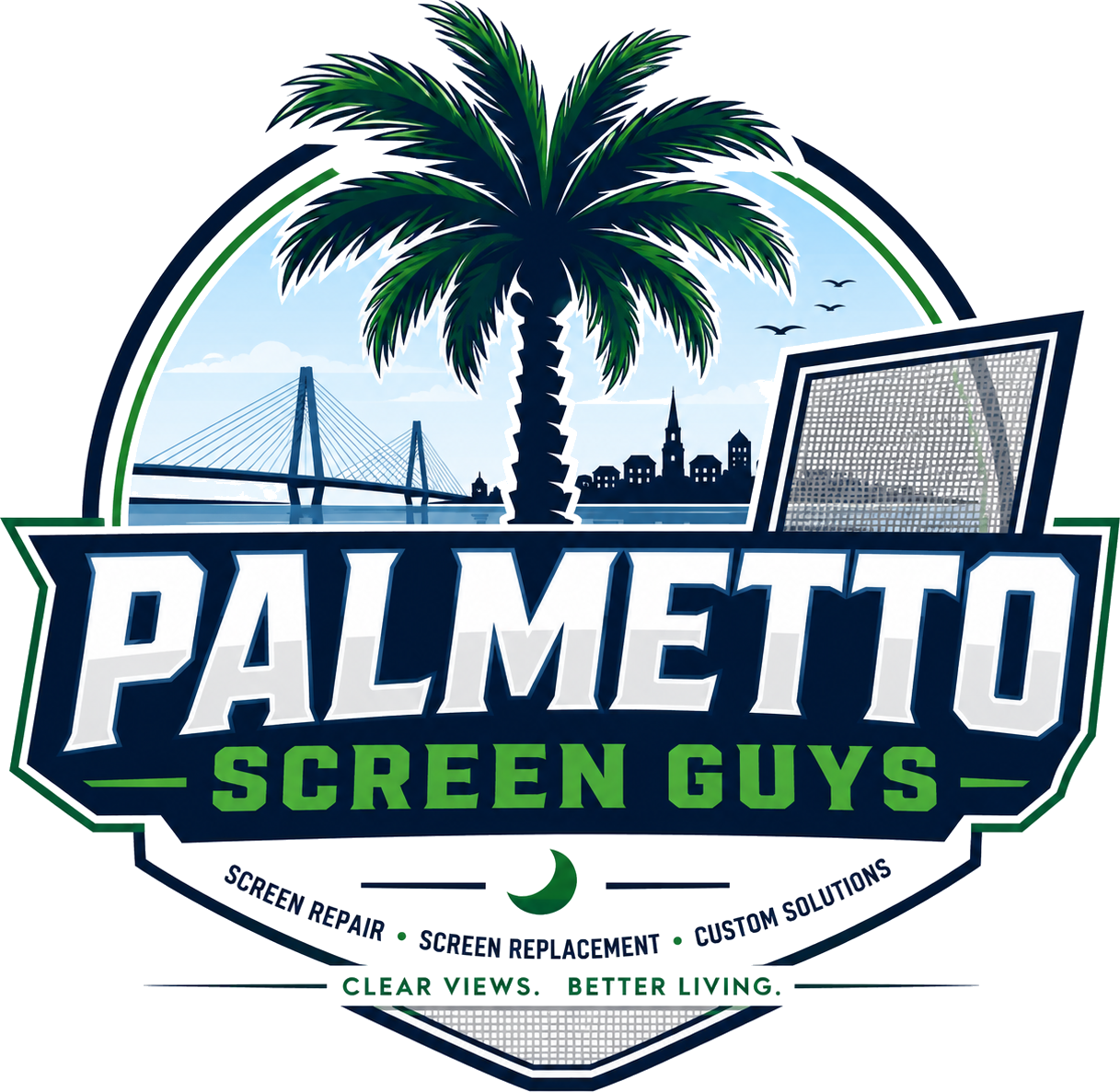 Palmetto Screen Guys emblem with palmetto tree and Charleston skyline