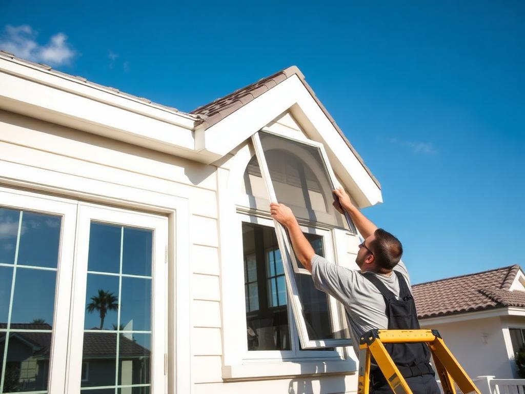 Technician fitting a new window screen frame on a coastal home