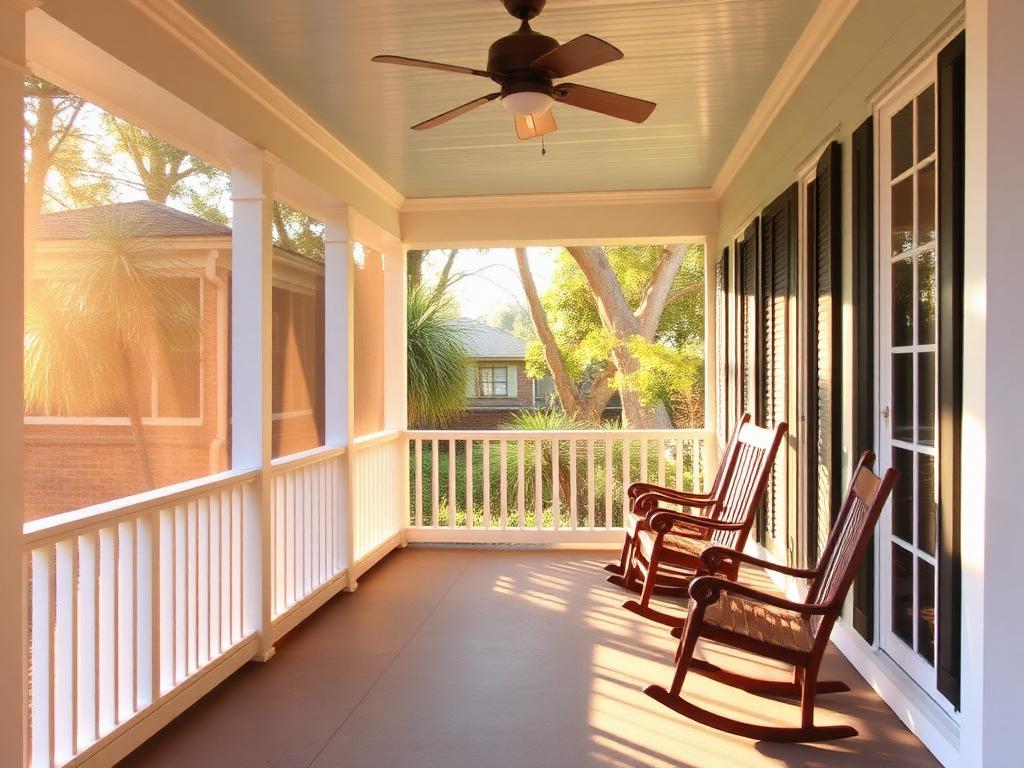 Freshly rescreened Charleston-style porch with rocking chairs